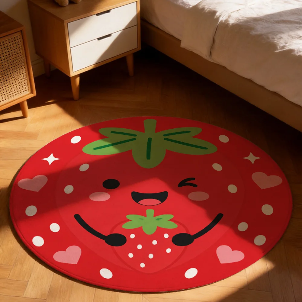 Cute Strawberry Face Round Area Rug for Kitchen Bathroom Nursery Playroom Home Decor Soft Washable Mat