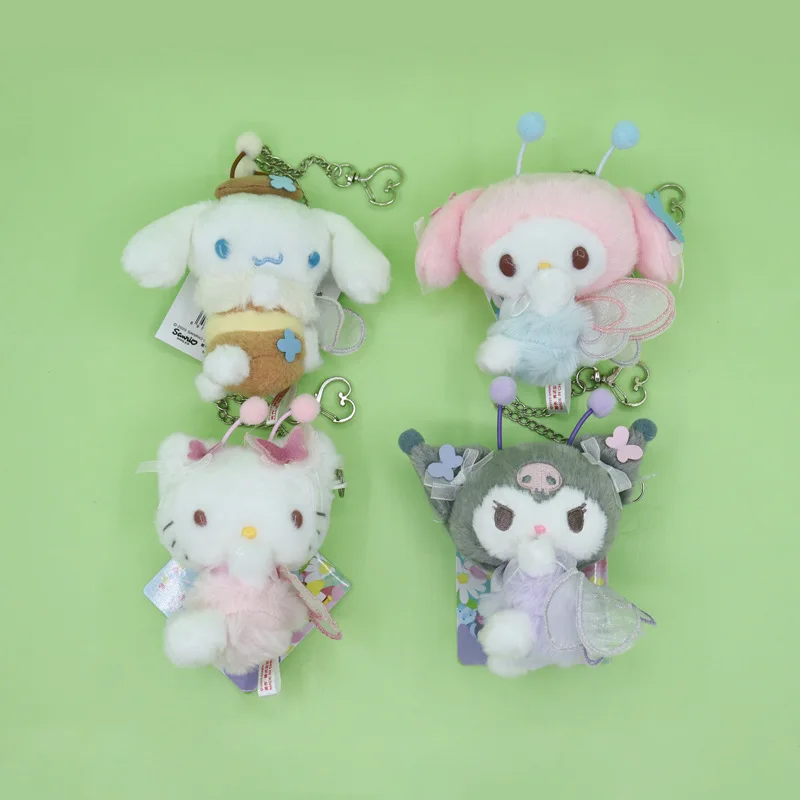 

Cute Sanrio Cinnamoroll Hello Kitty Kuromi Spring Flower Field Series Little Bee Costume Plush Keychain Home Key Anti-Lost Charm