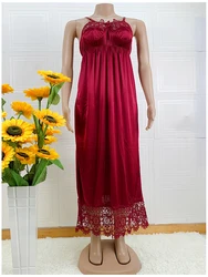 Latest African Women Sexy Elegant Lace Embroidery Pajamas Silk Comfortable Sexy Nightdress Suspender Skirt Length Stretch Dress