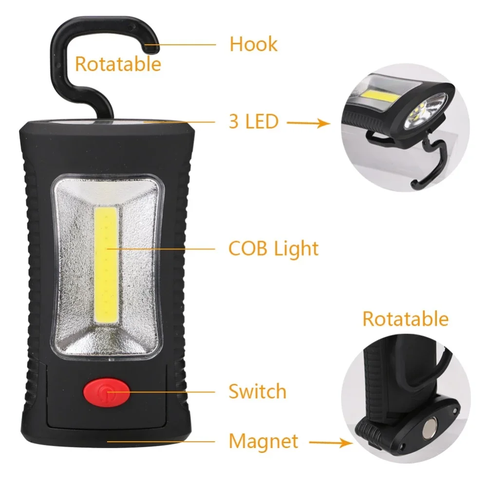 Linterna LED COB portátil multifuncional, luz de inspección de trabajo, gancho plegable magnético, 2 modos, 3x aaa