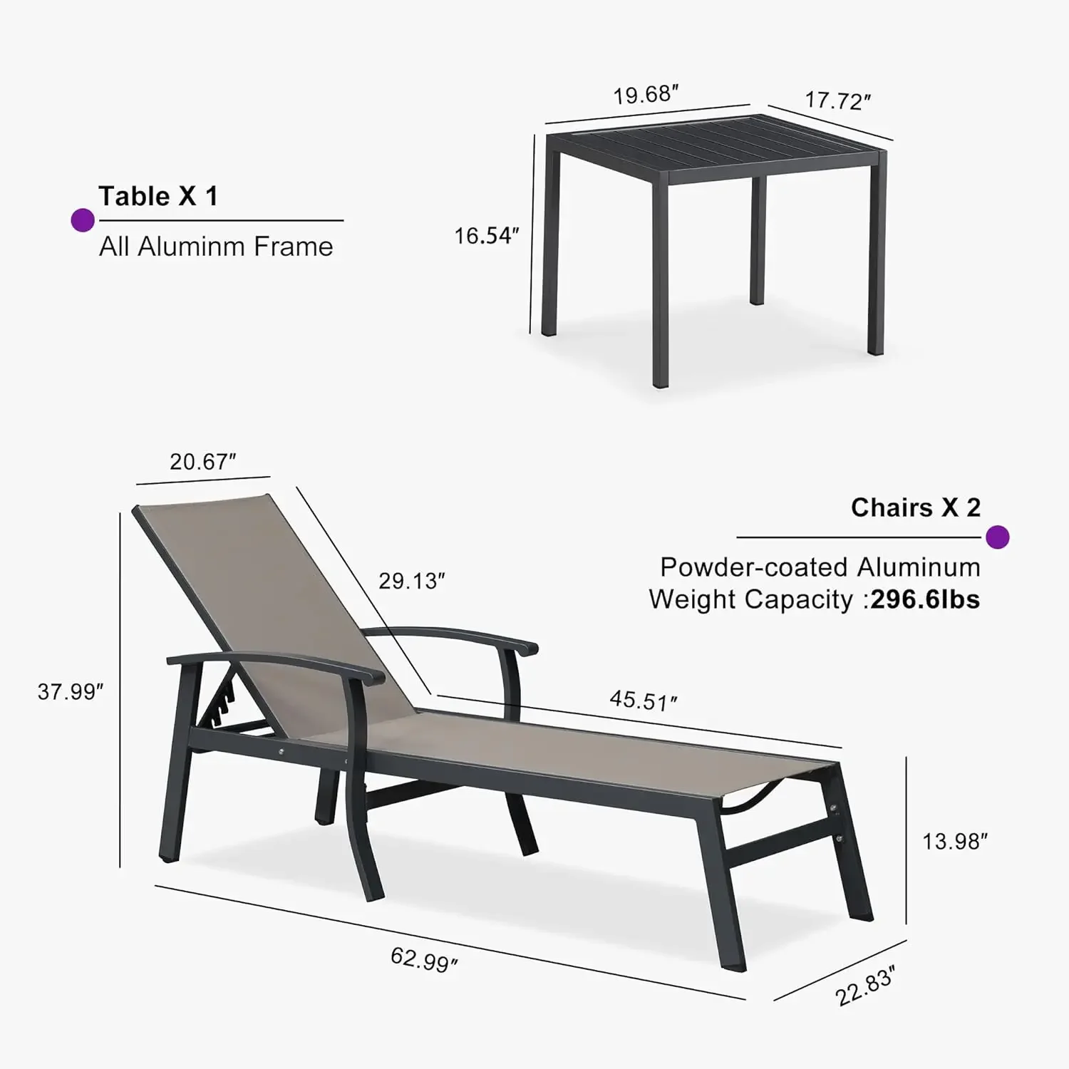Chaise Lounge Chair Outdoor 2 Pieces Pool Lounge Chairs 5 Adjustable Position with Armrests and Side Table Aluminum