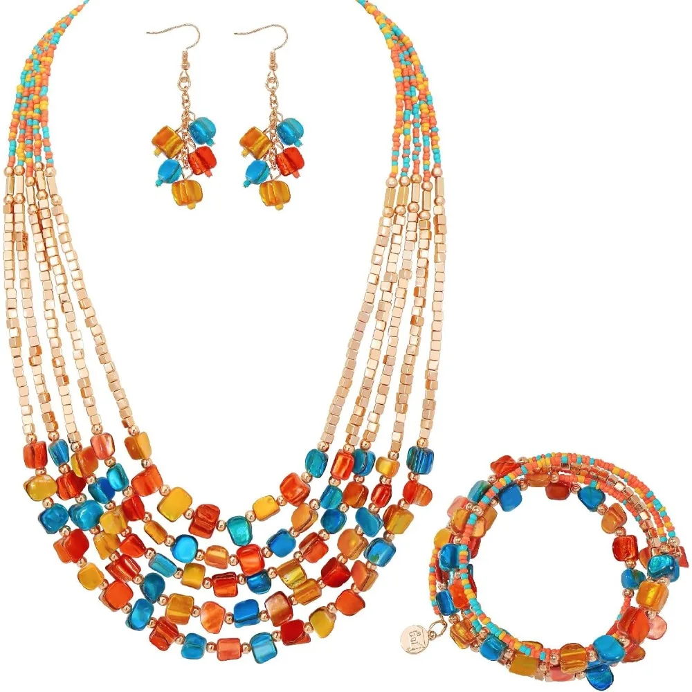 

Layered Shell Bead Necklace and Earrings Set Bohemian Style Irregular Costume Jewelry for Women