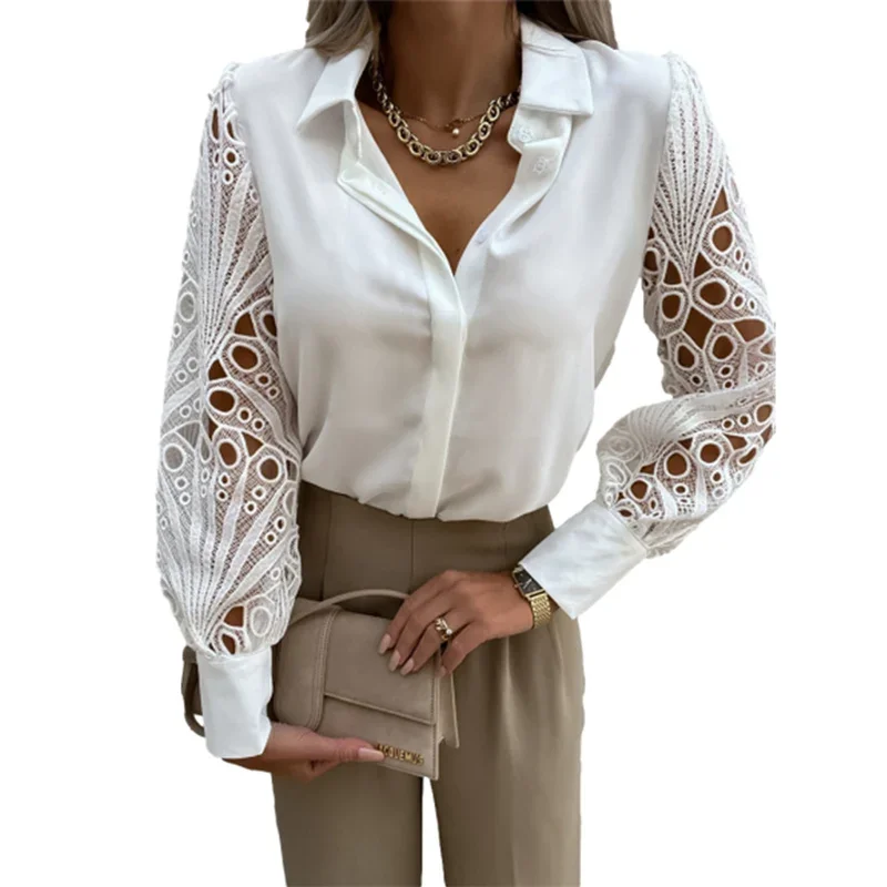 Elegant Hollow Out Lace Long Sleeves Shirt Women Solid Color Single-breasted Cardigan Blouse Female Spring Casual Commuter Tops