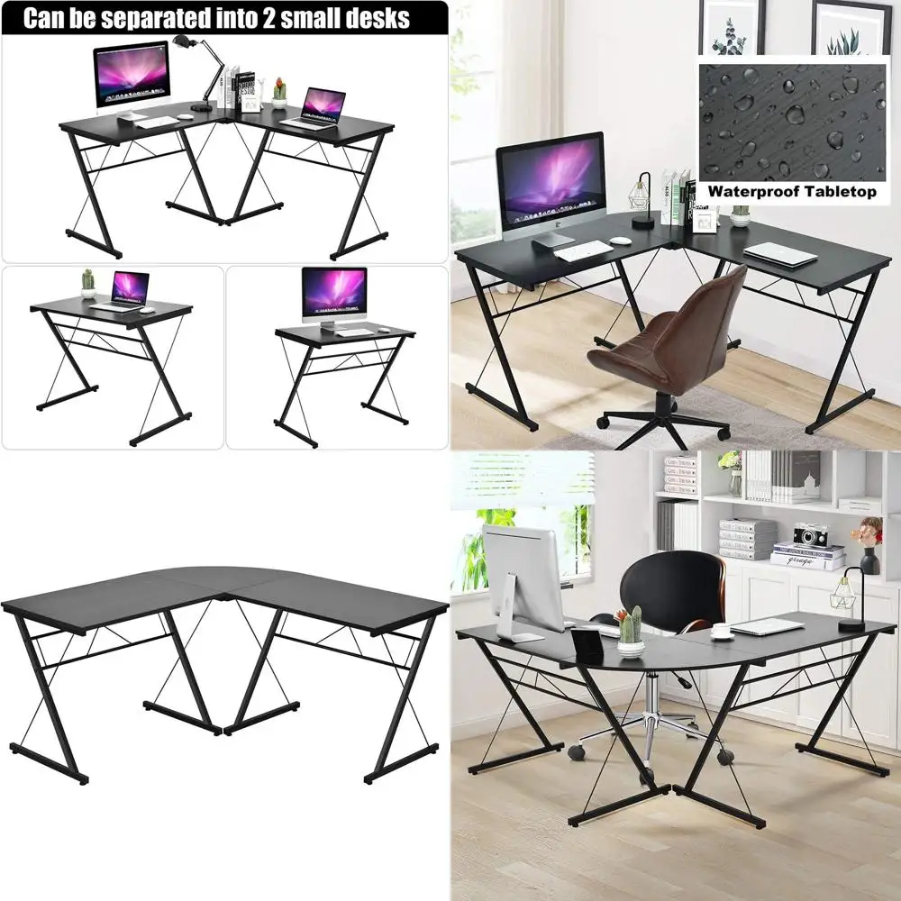 

L-Shaped Gaming Desk with Large Monitor Stand, Round, Multifunctional Home Office Workstation - Black