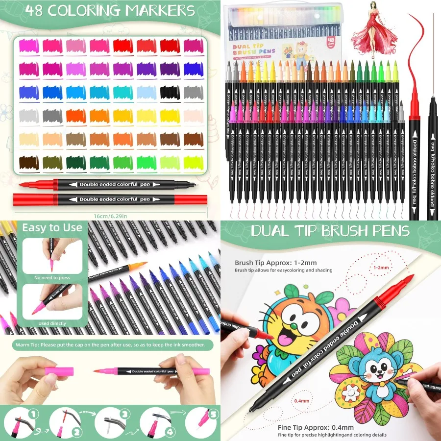 

48-цветные художественные маркеры с двумя наконечниками для взрослых: тонкие и кончики с кистью, идеально подходящие для раскрашивания книг, ведения заметок, принятия букв