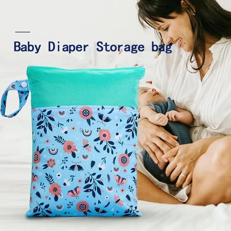 New 25*35CM Beautiful Pattern Polyester Baby Waterproof Swimsuit Bag Double Pocket Baby Diaper Dry Mini Wet Bag Diaper Nappy Bag