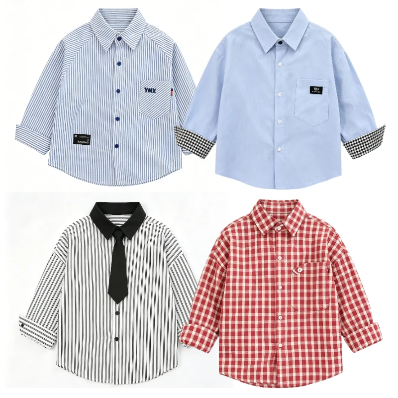 

Boys Casual Button Down Shirt Long Sleeve School Uniform Top for Kids Classic versatile Daily Party Formal Plaid Striped shirts