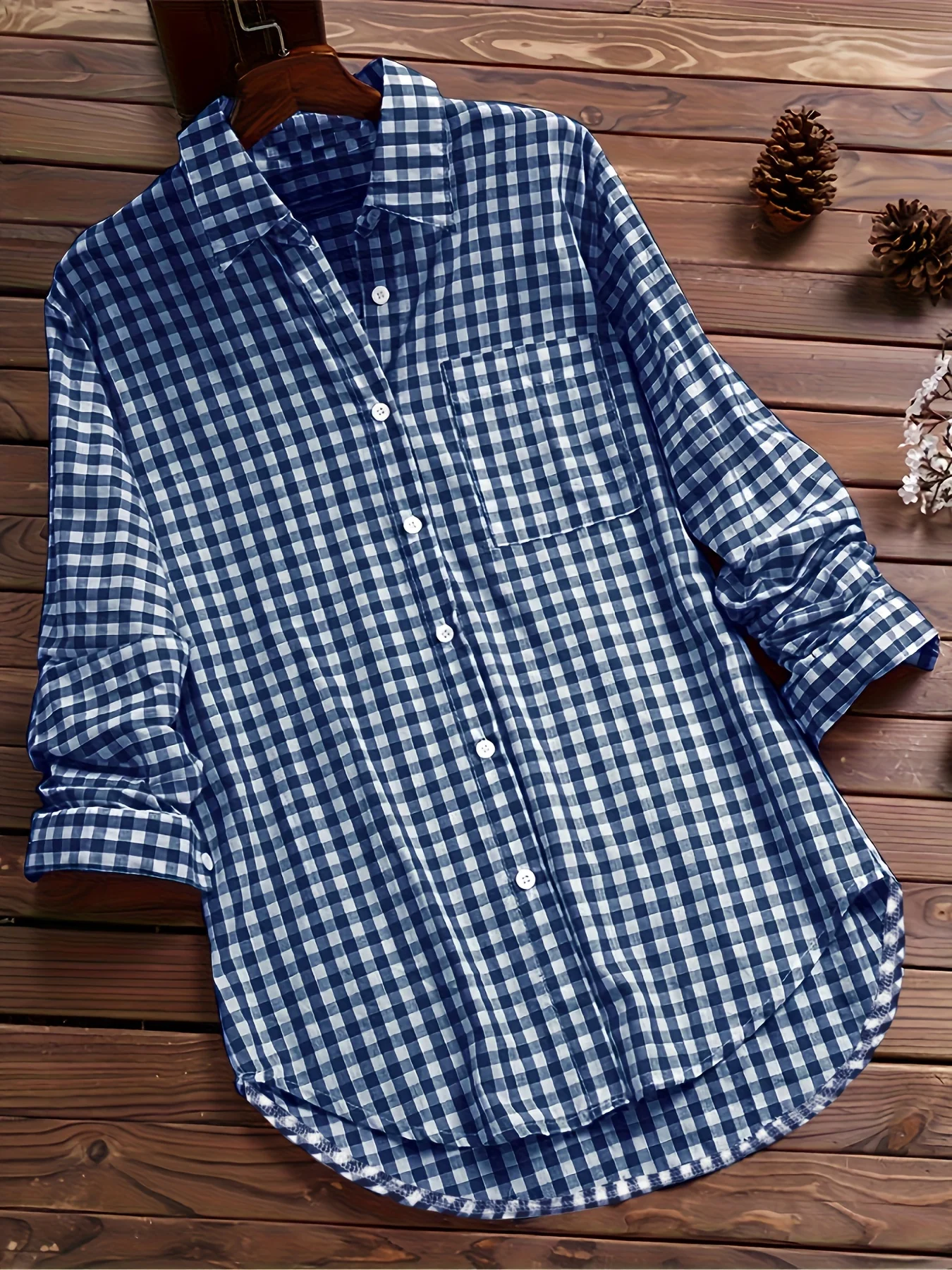 Gingham Print Classic Shirt, Vintage Button Front Long Sleeve Shirt With A Collar, Women\'s Clothing