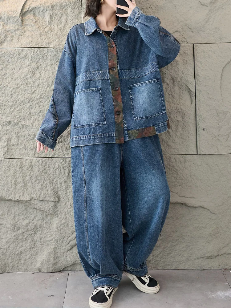 Amax LuluE 2026 الربيع السيدات الكلاسيكية الدنيم 2 قطعة مجموعات موضة الشرير الدعاوى معطف خمر سراويل تقليدية الكورية تصميم فضفاض الجينز #6