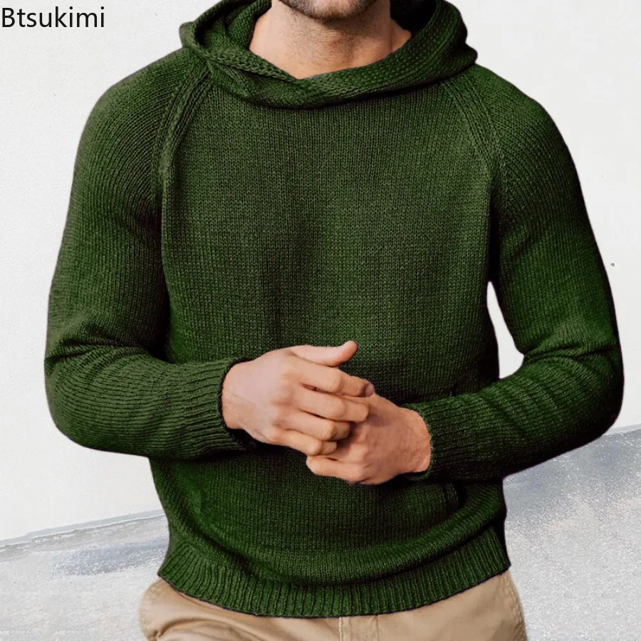 2024 Men's Solid Knitted Sweater Shirts Autumn Winter Long Sleeve Jumper Pullovers Men Clothing Hooded Knitted Sweater Tops Male