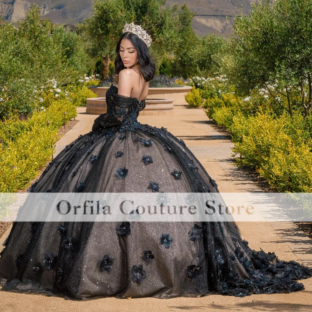 Black vestidos de 15 anos Quinceanera Dresses Long Sleeves Floral Flowers Girl Sweet 16 Charro Mexican Birthday Wear