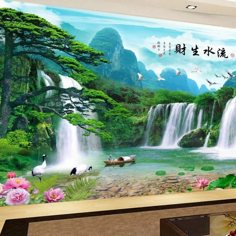 

Chinese Style Pine Tree Pattern Wallpaper Traditional Landscape Painting Wall Art Decor Personalized Photo Mural Waterfall Crane