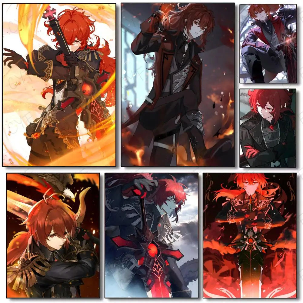 anime game wall art G-Genshin Impact Diluc Poster Painting Wall Art Mural for Living Room Home Decor and Gifts
