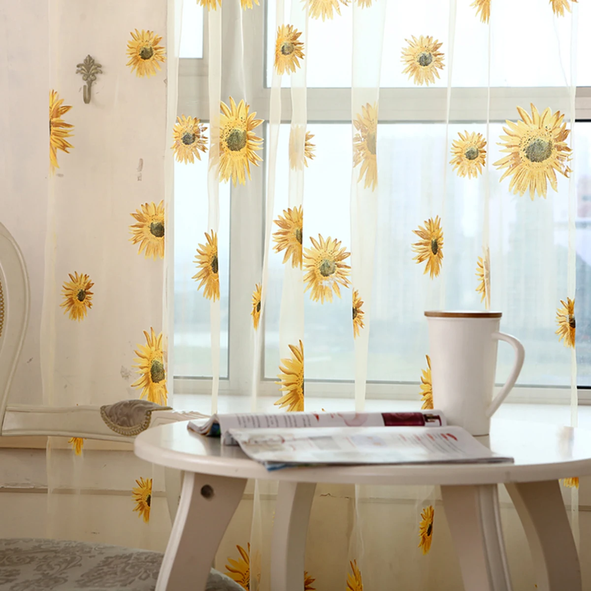 

Sunflower Printed Window Sheer Voile Curtain Orange for Bedroom Living Room Soft Light Filtering Window Screen Tulle