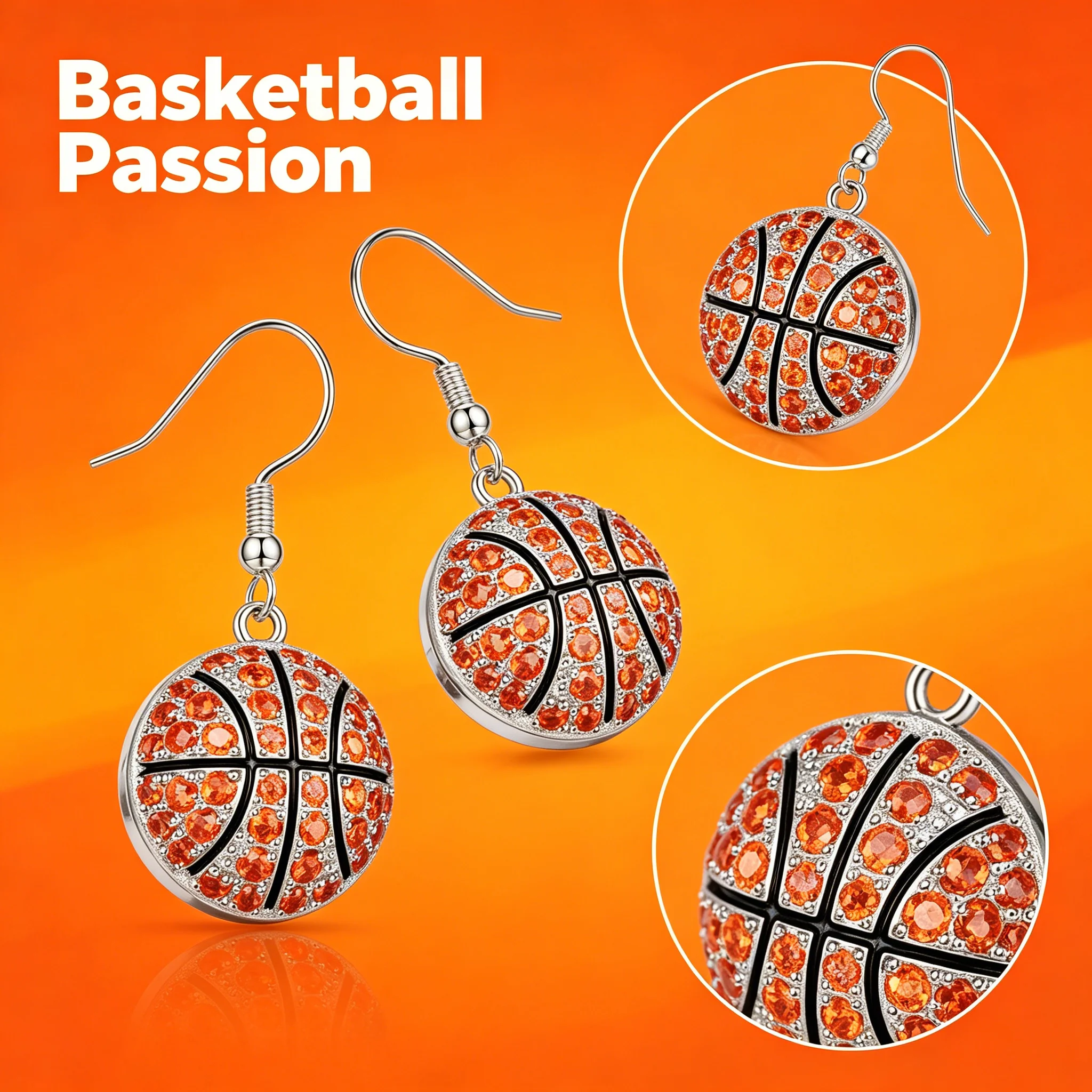 Basketball Dangle Earrings Silver Tone Orange Sports Jewelry for Women Men Basketball Players Fans Coach Gift