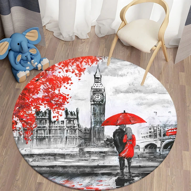 

France Paris Eiffel Scenery Round Carpet Oil Painting Style Natural Landscape Circle Rug Bedroom Living Room Floor Mat