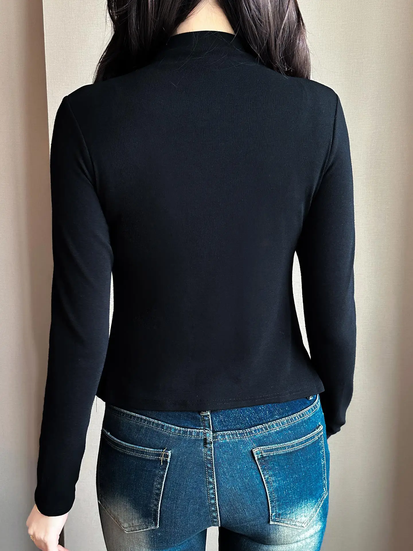 여성용 티엔드 롱 슬리브 하이 칼라 패션 비대칭 슬릿 이너웨어 한국 스타일 출퇴근복