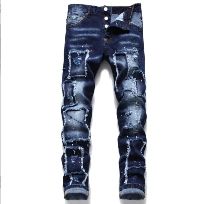 European and American Trendy Men's 2024 New Street Fashion Slim Fit Stretch Skinny Distressed Patchwork Celebrity Style Jeans.