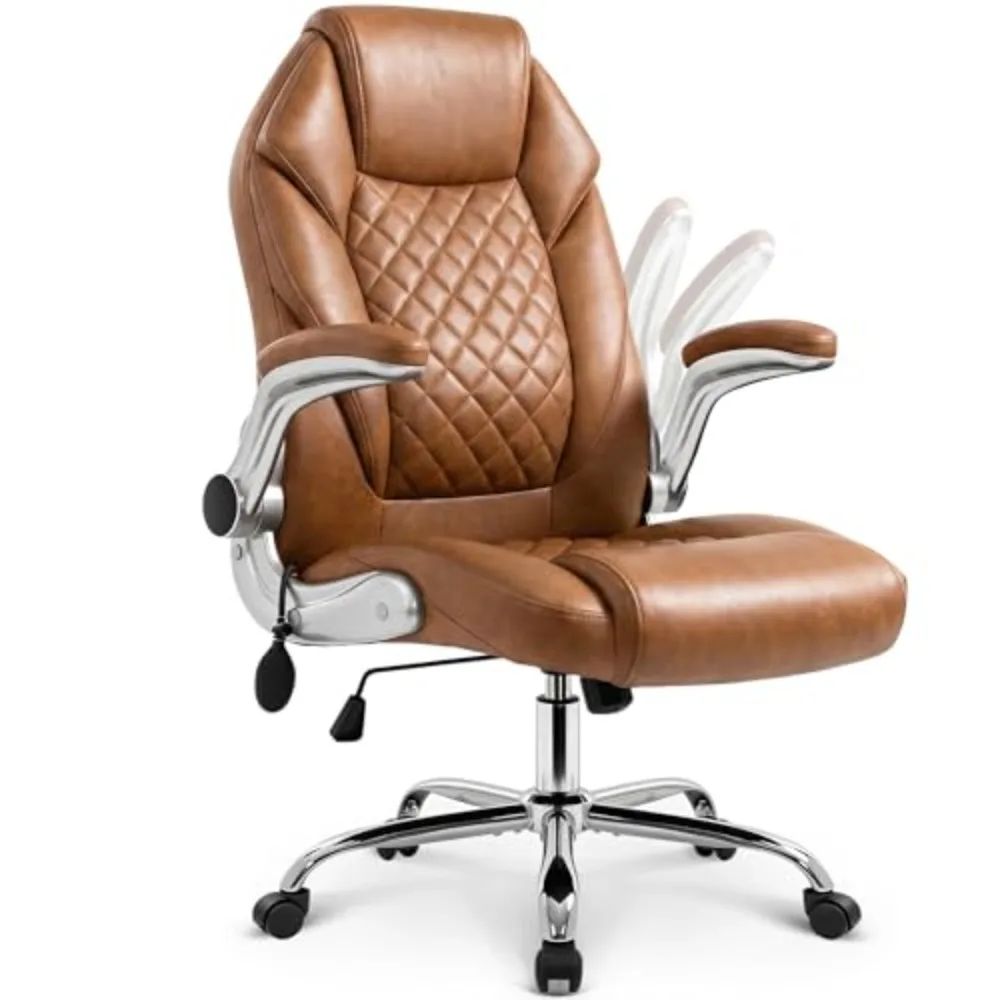 Executive Leather Chair, Ergonomic Office Chair, Lumbar Support | Brown Ergonomic Office Chair with High Back, Flip-Up