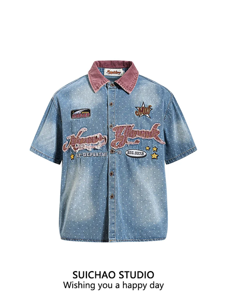 

Suichao American Retro Waed Denim irt Loose ort Sve Polka Dot Print Hip Hop Street Casual Cotton Workwear for Men