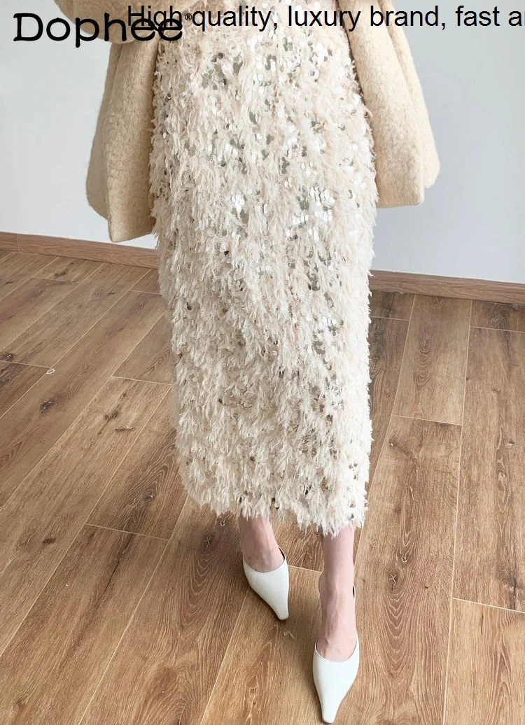 

Sequins Luxury Embroidery Feather Warm White Slim-Fit Slimming Fairy Slit Women Fall Winter New Plush Mid-Length Hip Skirt