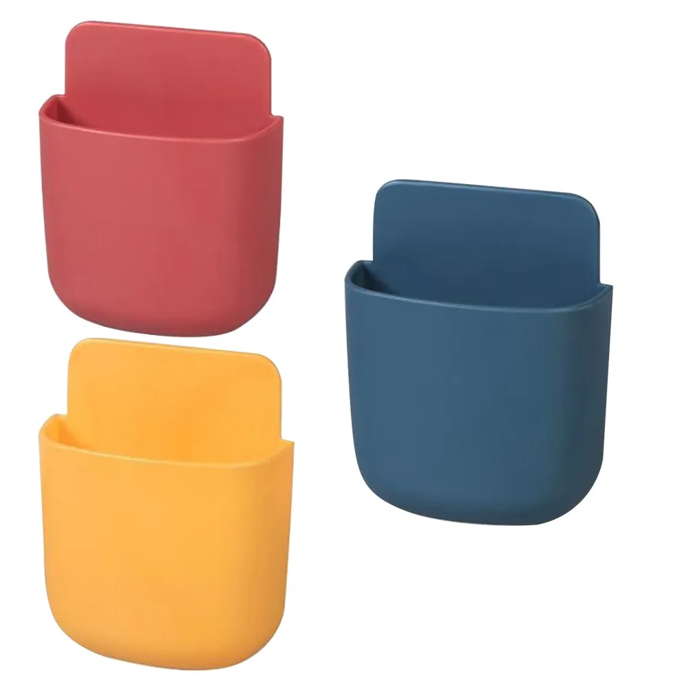 3Pcs Remote Control Storage Box Wall Mounted Creative Cell Phone Charging Rack Hanging Storage Container Yellow Blue