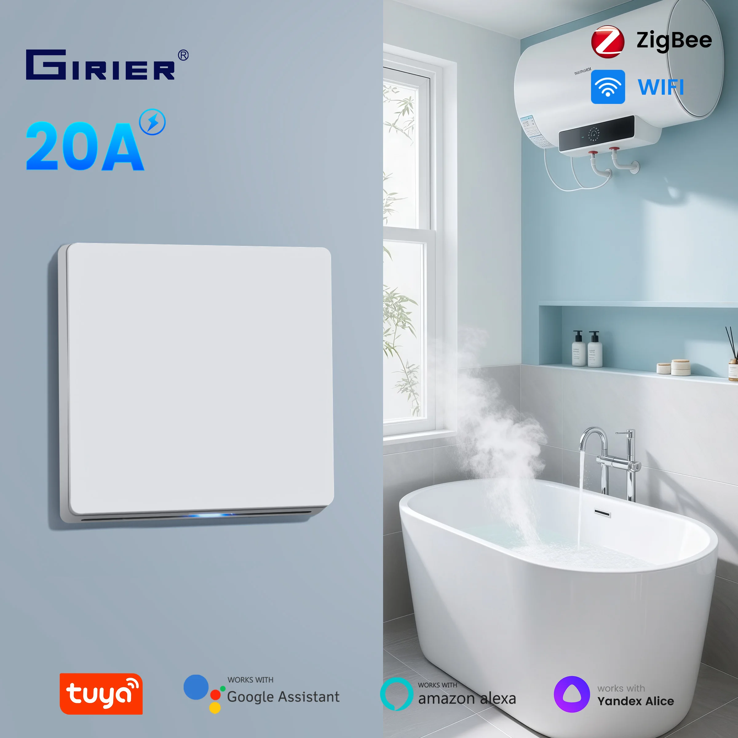 

GIRIER Tuya Smart Water Heater Switch ZigBee/WiFi 20A Push Button Switch for AC/Fan Neutral Wire Required Works Alexa Hey Google