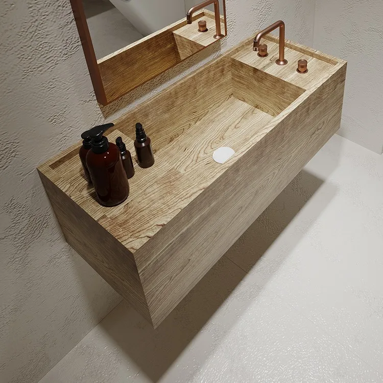 Medieval oak elm solid wood rock slab narrow edge thin edge very narrow deep sink hand wash basin under the table basin