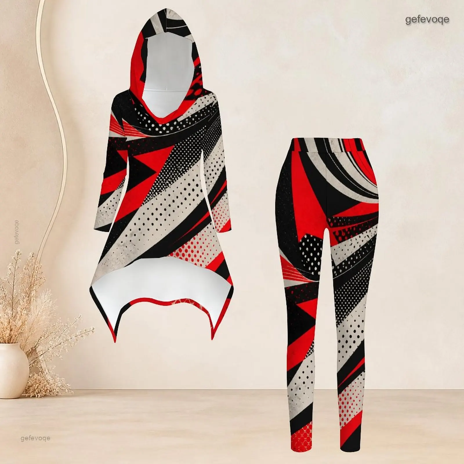 Women Black White Gray Patchwork Paisley Floral Printed Hooded Top And Leggings Two Piece Pants Set - view 3