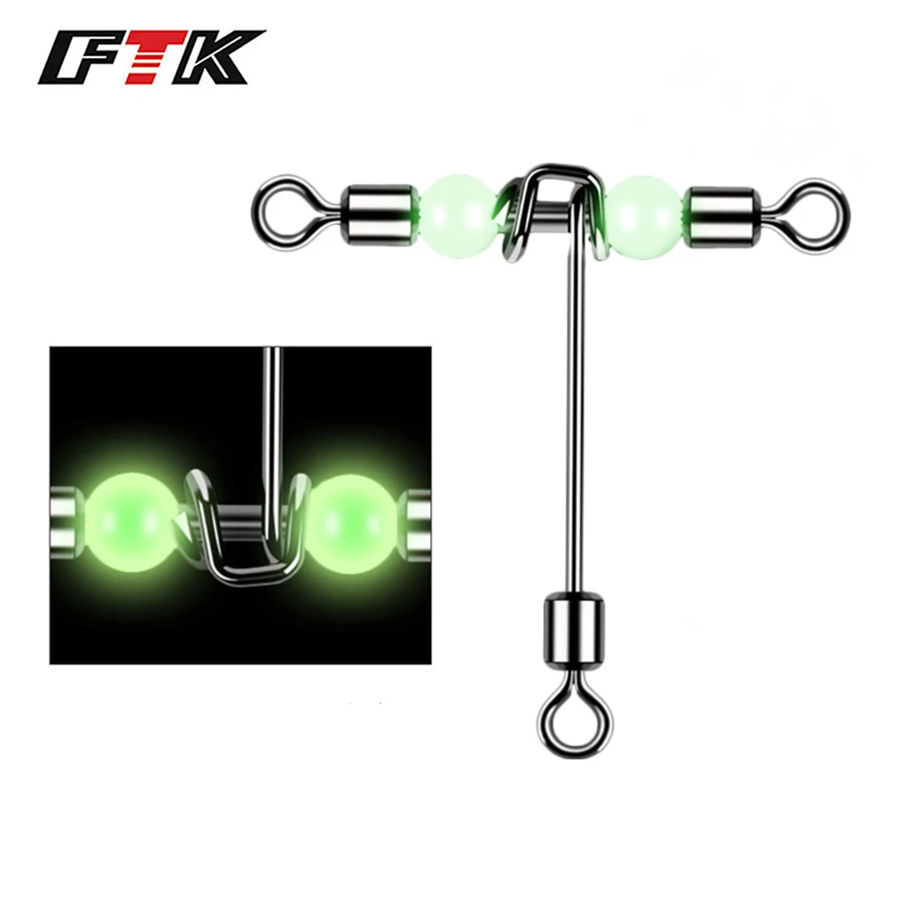 FTK 10Pcs 3way Fishing Connector Cross-Line Rolling Swivels With Luminous T-shape Pearl Beads Sea Fishing Swivels Fishhooks