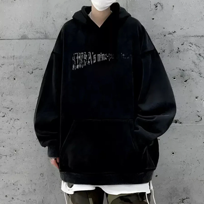 Vintage Dark Y2K High Street Hip Hop Washed Graphic Print Oversized Hooded Sweatshirt Men Loose Fit Streetwear Casual Daily Wear