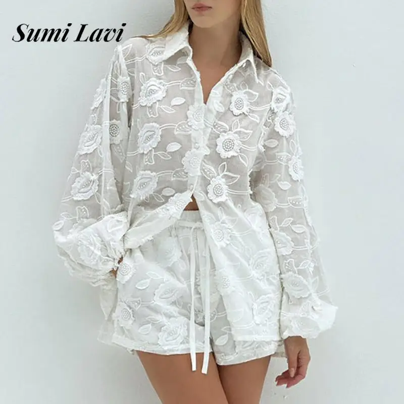 

Women Casual Long Sleeve Solid 2Pc Outfits Sexy Lace Embroidered See Through Sets Fashion Lapel Button Shirts & Short Pant Suit