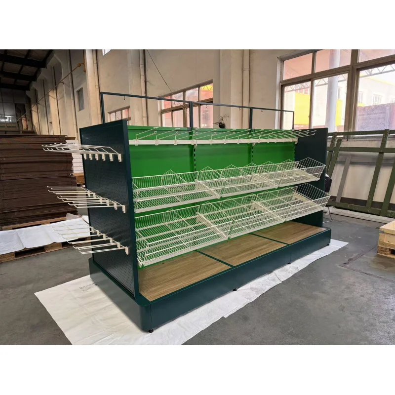 custom.High Quality Wooden Shelf Steel Supermarket Shelf Shop Fitting Double Sided Gondola Shelf