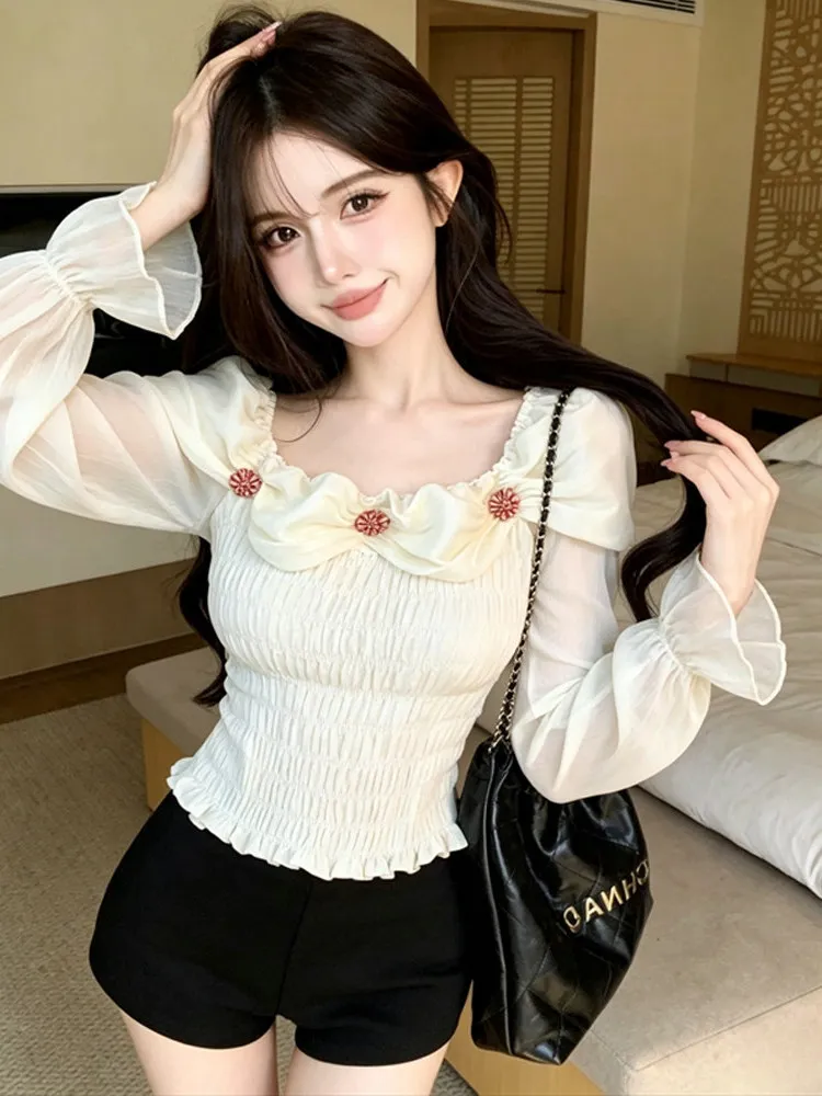 Pure Color Floral Embellished Slim Fit Straight Tube Sexy Shoulder Bared Chiffon Shirt Women's Fashion Spring Autumn Wear