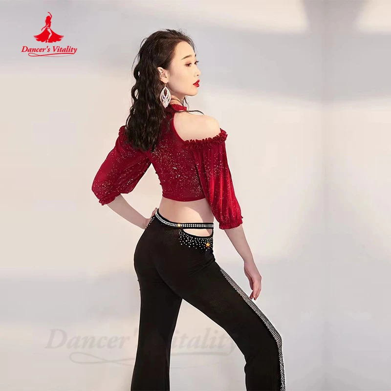 Belly Dance Professional Suit Shiny Trousers Oriental Dancing Performance Costume for Women Half Sleeves Top &trousers Clothes