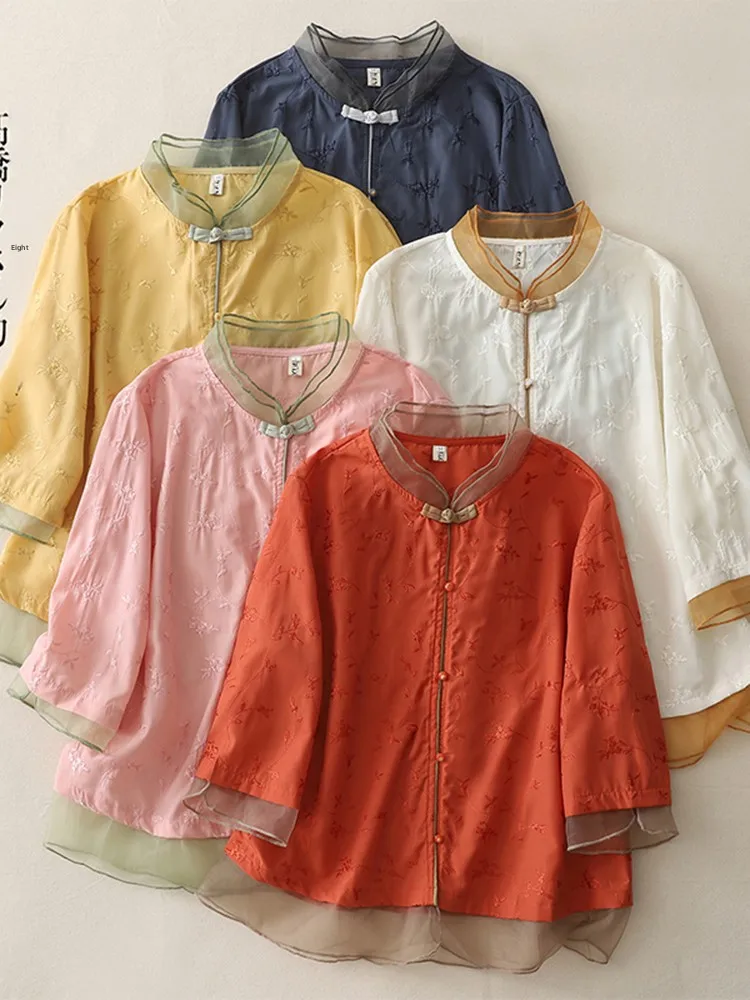 

Embroidered Cotton Linen Casual irt Large Size Women's Single Button Stand Collar Seven Sve Cotton Linen Open Cardigan