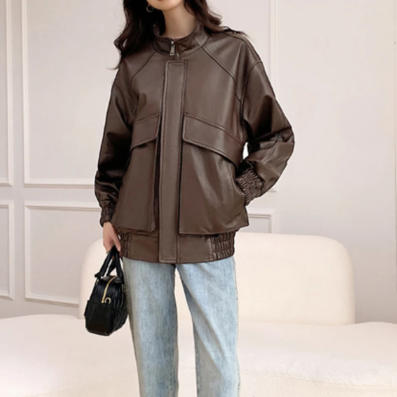 Vintage echte leren jas herfst winter vrouwelijke plantaardig gelooide schapenvacht korte bovenkleding oversize vriendje stijl bomberjack