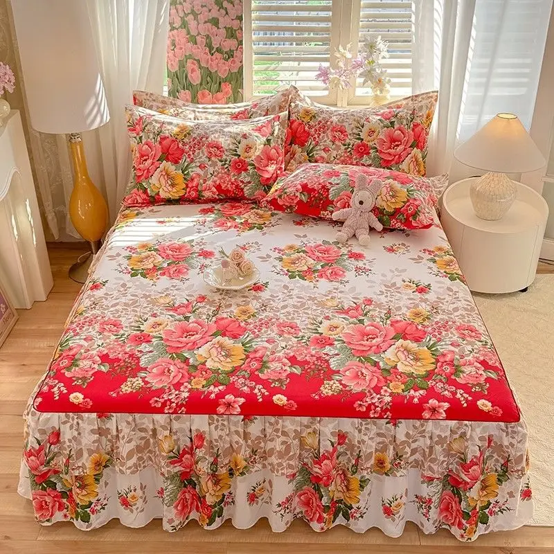 New Arrival Korean Princess Style Bed Skirt Set with Double Hem - Soft Aloe Cotton Comforter Cover & Sheet Set for All Seasons