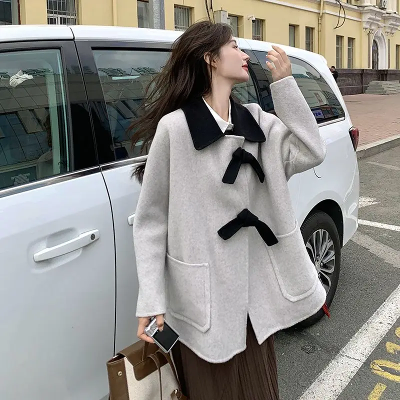 

Woolen Coat Off-White Contrast Strap Knot Female 2024 Autumn And Winter New Little Loose Casual Woolen Coat