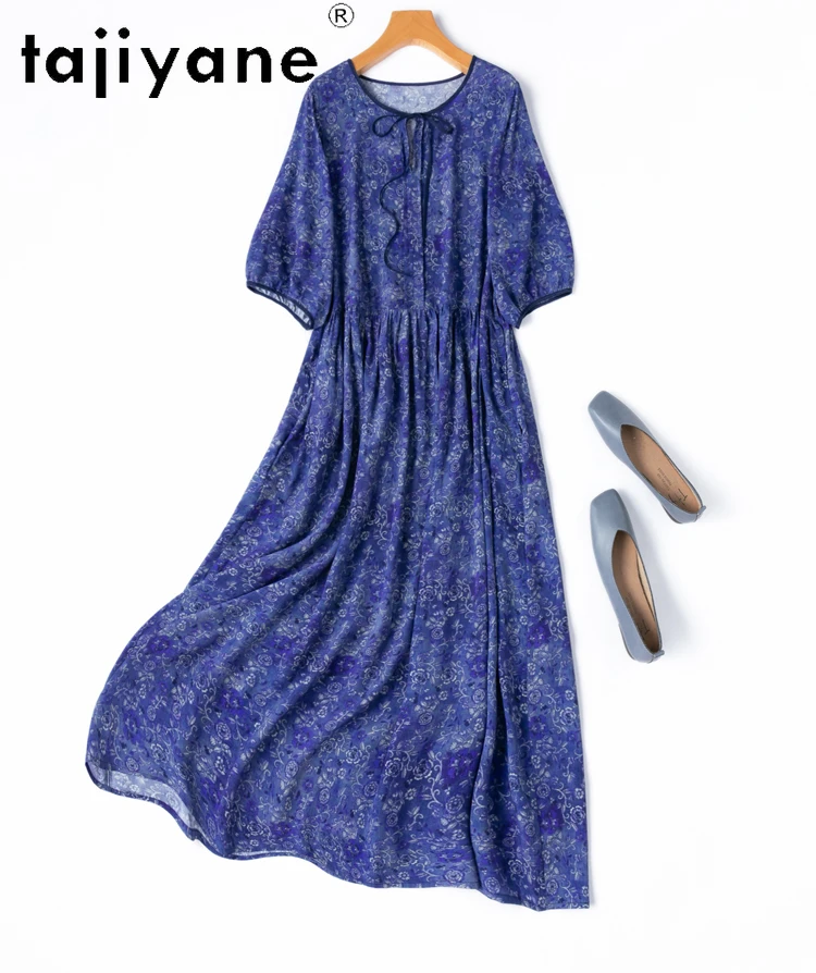 TAJIYANE 100% Real Mulberry Silk Dress Woman Summer 2025 New in Long Dresses Vacation Dark Blue Frocks Ladies Clothes Vestidos
