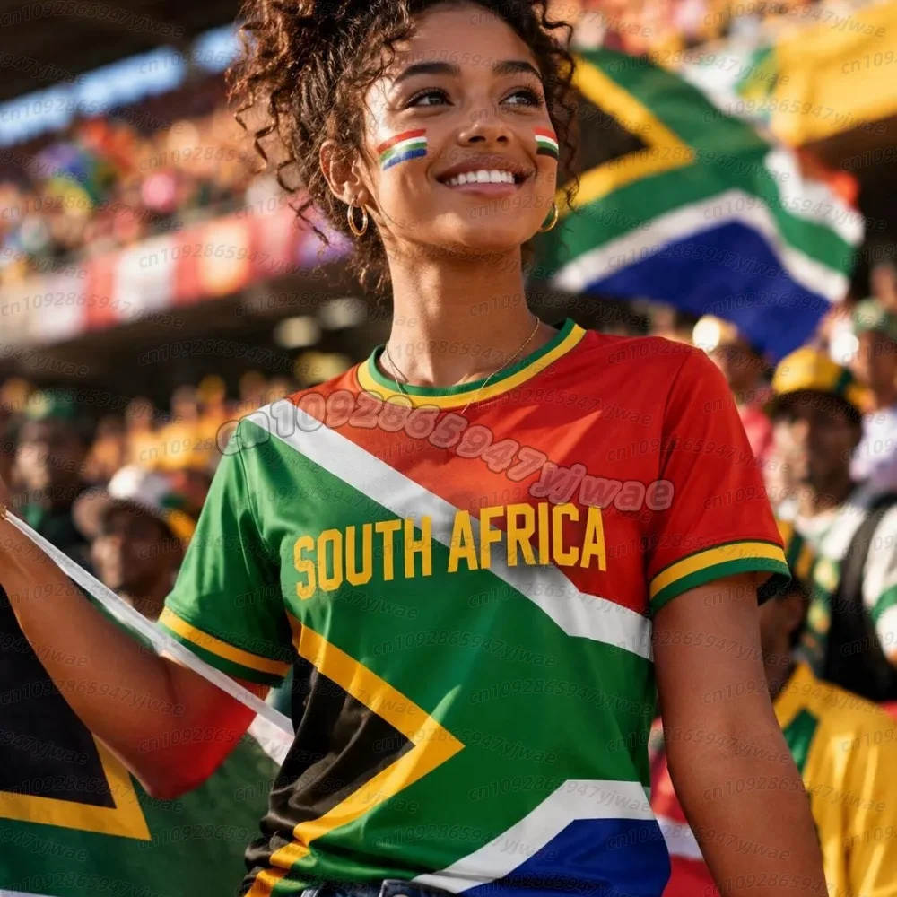 26 Sommer-Fußballtrikots für Damen und Herren aus Südafrika, Cheerleader-Kurzarm-T-Shirts, lässige O-Ausschnitt-Sport-T-Shirts, Damen-T-Shirt