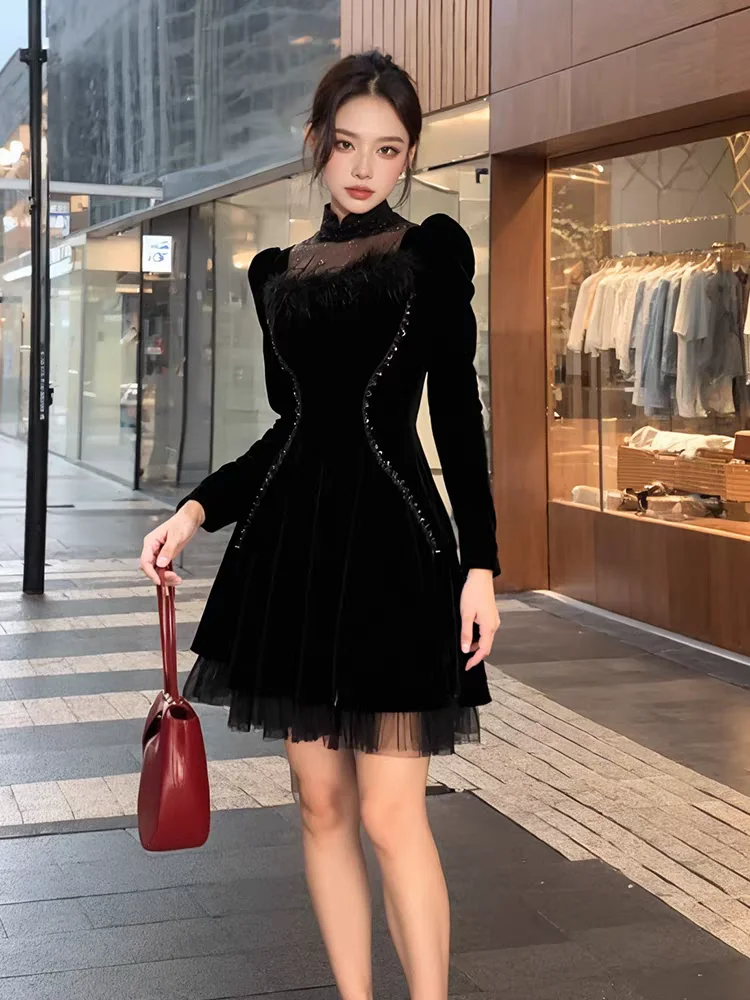 Damska Francuska Czarna Puszysta Sukienka na Imprezę Elegancka Słodka Przezroczysta Sukienka Balowa z Siateczki i Cyrkoniami Retro Wieczorowa Vestido
