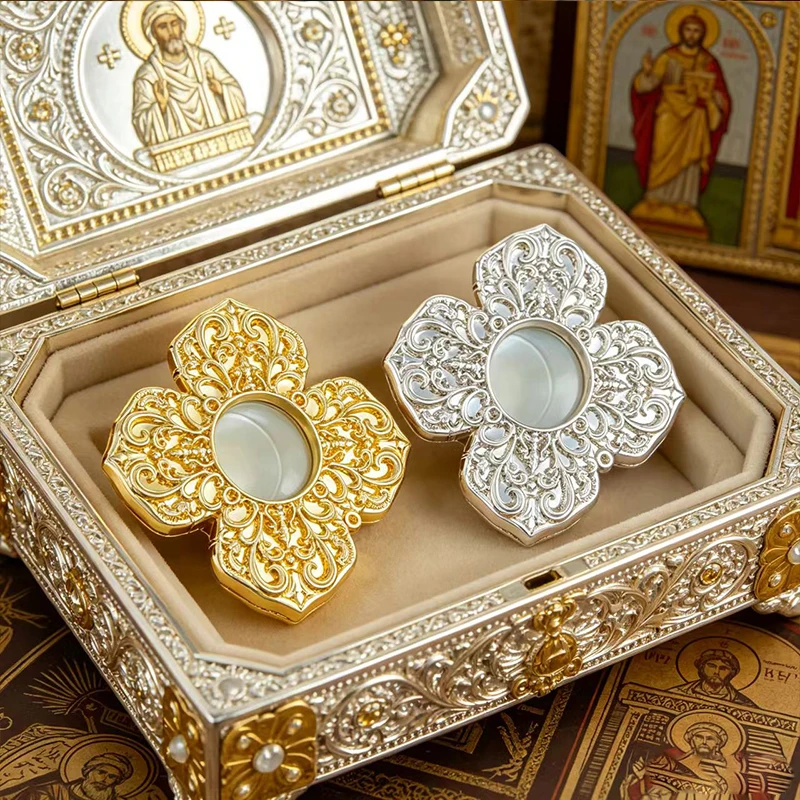 New 2026 Floral Reliquary Box Set with Enamel & Crystal Window for Ashes/Holy Relics, Church Altar Prayer Service Memorial Decor