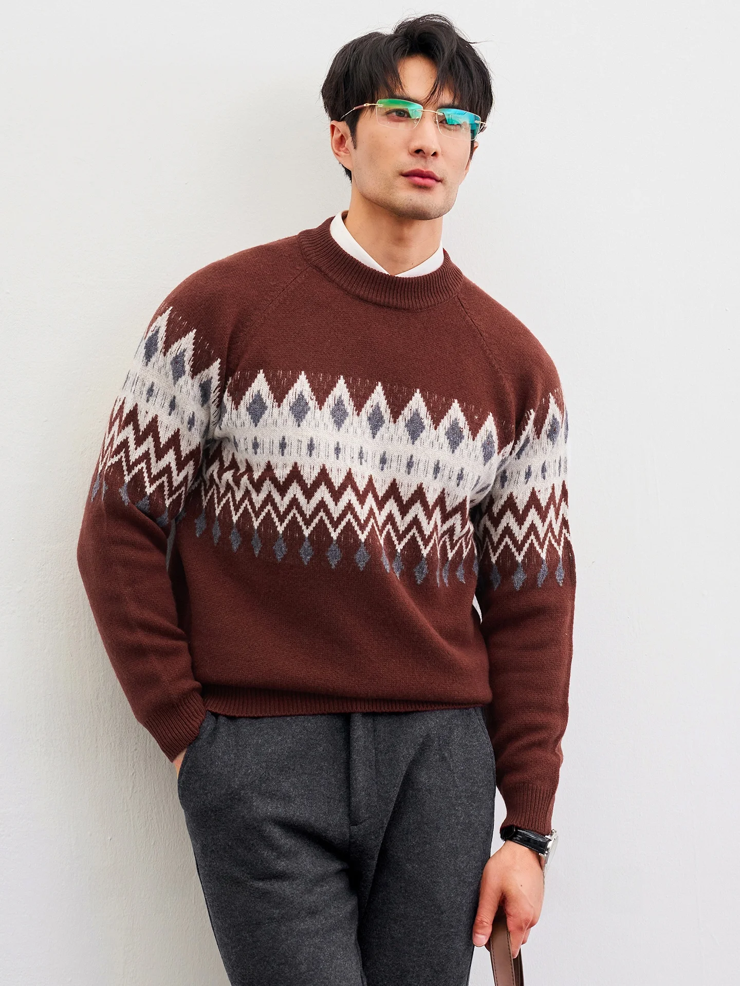 

New Year's Red Fair Isle Vintage Gentleman Geometric Color Blo round Ne Winter Thi Pure Wool Sweater Men's Knittedwear