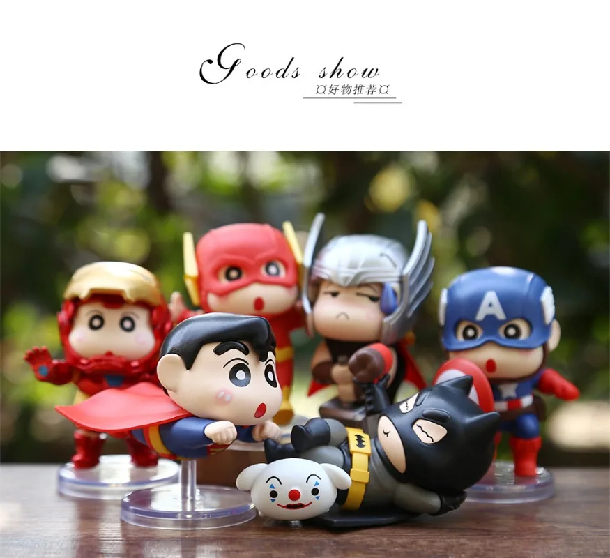 6pcs Set 8cm Crayon Shin Chan Figure Batman Superman The Flash IronMan Captain America Thor Cosplay Model PVC Decor