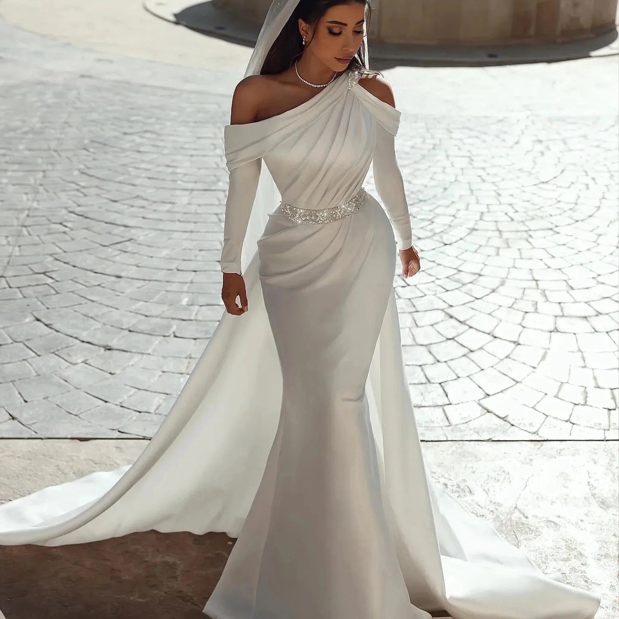 

Elegant Wedding Dresses One Shoulder Long Sleeve Mermaid Bride Dress Beading Sweep Train Bridal Gown Customized robe de mariée