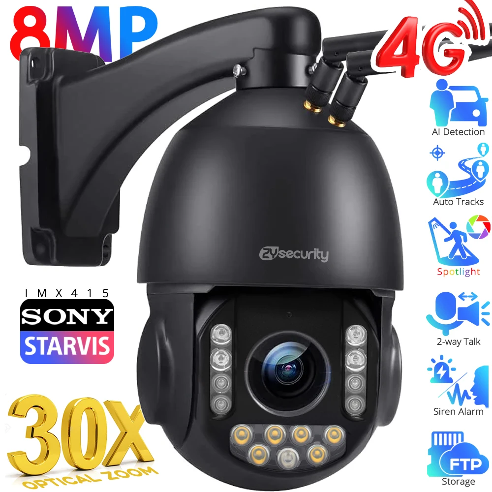 4K 8mp Ip Beveiligingscamera Buiten 4G Simkaart/Wifi 30x Zoom Ptz Mens/Auto Auto Tracking Auto Zoom Speed Dome Bewakingscamera