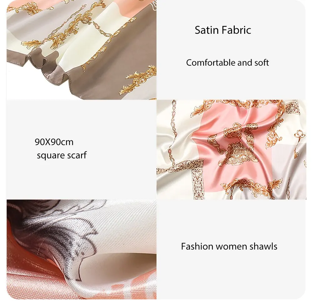 Fahion Satin Silk Square Scarf Vintage Print Design Women Muslim Hijab Headband Newest Hair Band Kerchief 90*90cm