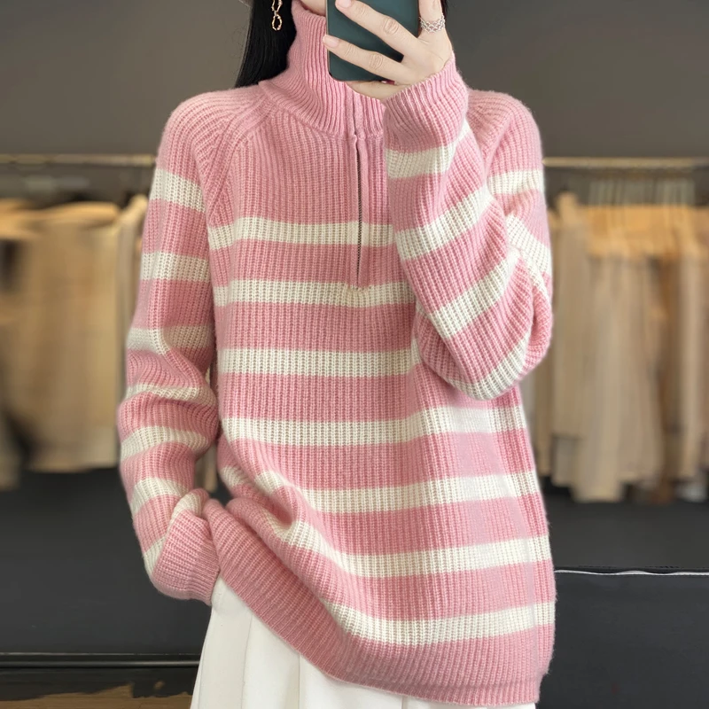 

100% pure wool casual sweater women's 2025 autumn and winter new high neck pullover fashionable loose hot selling knitted top