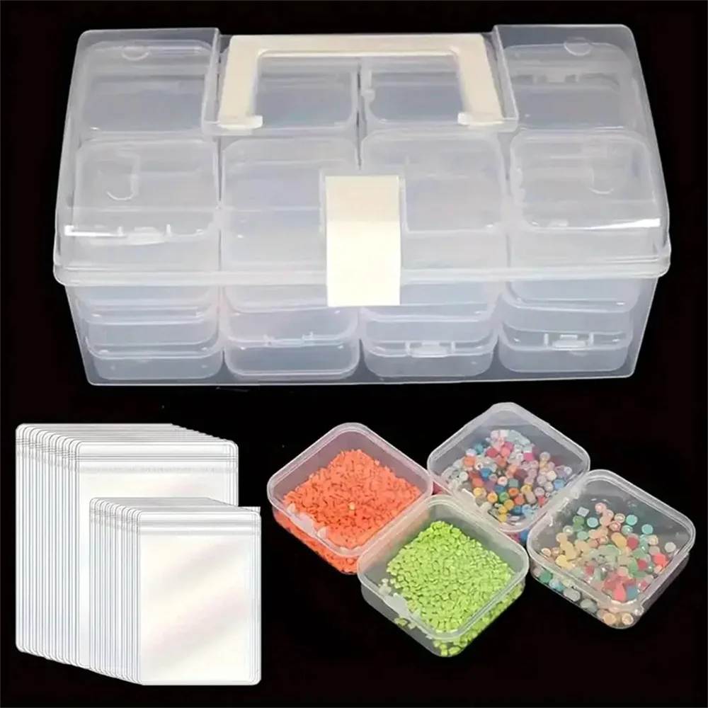 32 Grids Transparent Plastic Storage Box Multifunctional Nail Art Beads Container Large Capacity Handheld Boxes+20PCS Storage Ba